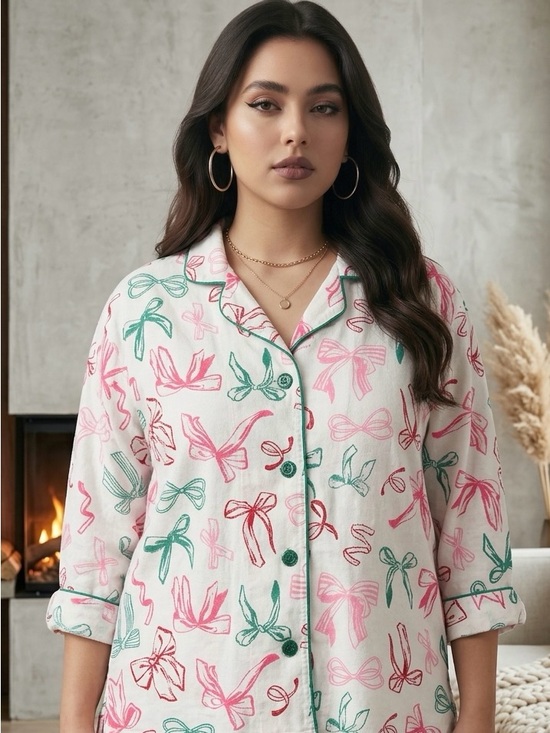 PJ Salvage Other - PJ Salvage - Pink & Green Bow-Print Long Sleeve Pajama Top XL